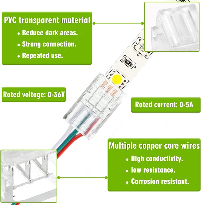 EPLZON 3 Pin 10 mm LED Strip Connector LED Light Connector Strip to Wire Quick Connector RGB Lights Adapter Clear Unwired Gapless Track Lighting Connector for 5050 LED RGB Strip Light(20pcs) - Image 3